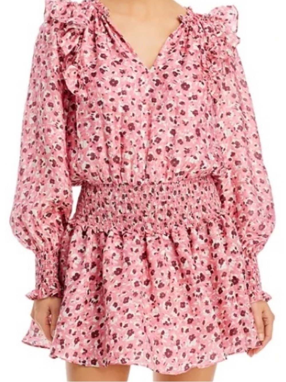 Ramy Brook Pink Floral Smocked Waist Dress with Ruffle Details